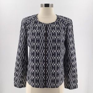 J. Crew Jacquard Motorcycle Jacket Zip Front Size S Blue White Geometric C2373